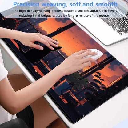 Anime Cat Sunset Desk Mat, Cozy Window View Large Mouse Pad 31.5x15.7 in | Cozy anime cat sunset desk pad with 3mm plush cushion, smooth fabric top, and non-slip rubber core. - color: Lofi Cat