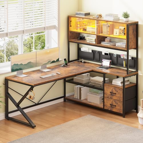 SEDETA L Shaped Computer Desk, Home Office Desk with 2 Drawer and Bookshelf, L Shaped Gaming Desk with LED Light, Glass Cabinet and Storage Bag, Corner Desk with Storage Shelves, Rustic Brown - color: Rustic Brown