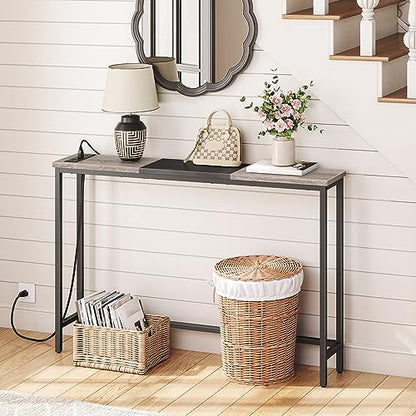 HOOBRO Narrow Console Table with Power Outlets, 44.9 Inches Sofa Table, Slim Behind Couch Table, Entryway Table with Display Shelf, for Living Room, Foyer, Hallway, Greige and Black BG114UXG01 - color: Greige + Black