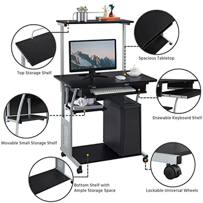Yaheetech 2 Tier Mobile Computer Desk with Printer Shelf & Keyboard Tray Rolling Computer Table for Small Spaces, Compact Study Workstation with Wheels, Space Saving, Black - color: Black
