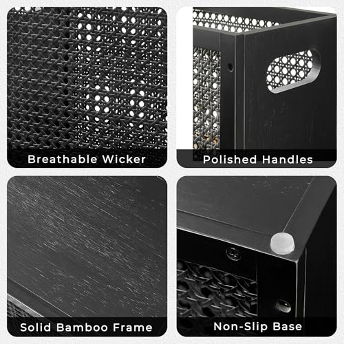 TIOPGHAD 3-Gallon Small Rattan Wicker Waste Basket Trash Can, Black | Bamboo Frame with Handles, 11.8x6.7x11.8 inches, Waterproof Coating, Ideal for Bathroom, Office and Bedroom - color: Black