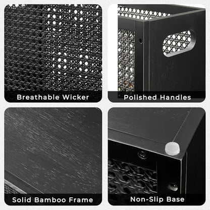 TIOPGHAD 3-Gallon Small Rattan Wicker Waste Basket Trash Can, Black | Bamboo Frame with Handles, 11.8x6.7x11.8 inches, Waterproof Coating, Ideal for Bathroom, Office and Bedroom - color: Black