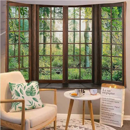 Aidatain Green Forest Natural Tapestry Window Scenery Wall Aesthetic Tapestry for Bedroom Flannel 90" L x 84" W Beach Blanket Living Dinning Room College Dorm Wall Hanging GTDJAT0092 - size: 90"L x 84"W