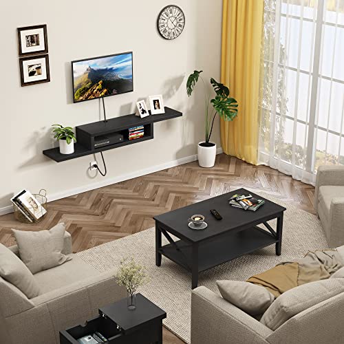 ChooChoo Floating TV Stand Shelf, Wall Mount Entertainment Center, 60” Media Console Stand for Living Room, Bedroom, Black - color: Black, size: 11.7"D x 60"W x 8.3"H