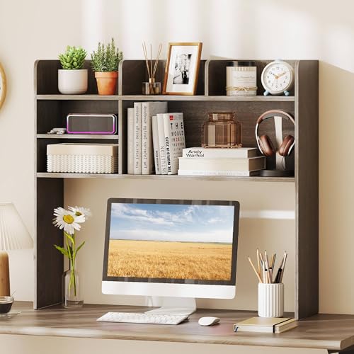 Tangkula Desktop Bookshelf for Computer Up to 32”, 37” Countertop Storage Hutch with 6 Storage Shelves, 3-Tier Desktop Organizer Display Rack, Wooden Desk Hutch for Dorm Home Office (Grey,6 Shelves) - color: Grey, size: 6 Shelves
