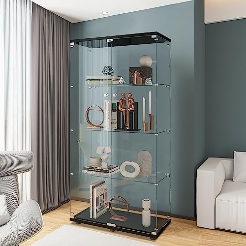 Beauty4U Glass Display Cabinet with 4 Shelves, 2 Doors Curio Cabinets for Living Room, Bedroom, Office, Black Floor Standing Glass Bookshelf, Quick Installation - color: Black, size: 2-Door 4-Shelf