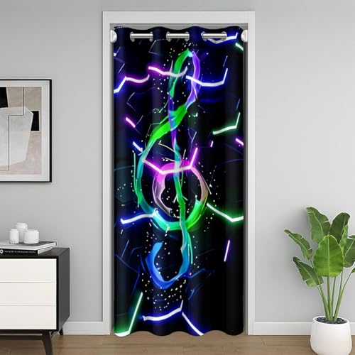 Manfei Liquid Design Modern Musical Style Doorway Curtain for Privacy,Neon Light Geometric Hexagon Pattern Blackout Curtain 52" W X 80" L,Colorful Notes Door Drape for Hallway Entrance Pantry - color: Black, size: 52"W x 80"L (Pack of 1)