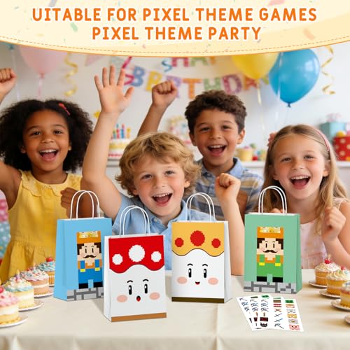 Magpixel Gift Bags with Handle: 16PCS Video Game Party Favor Bags, 54PCS Pixel Temporary Tattoos, Cartoon Paper Goodie Bags for Kids Birthday Christmas Holiday Decoration Classroom Treats