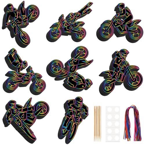LUUFILx 80 Pcs Dirt Bike Scratch Cards Birthday Party Decorations Colorful Rainbow Scratch Paper Art with Wooden Stylus for Birthday Party Classroom DIY Activities - style: Dirt Bike