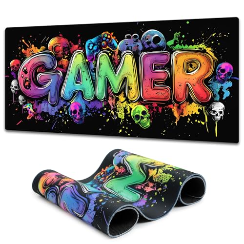 Gamer Blacklight Mouse Pad – UV Reactive Neon Gaming Desk Mat with Skull Design, Waterproof Extended Large Mousepad with Non-Slip Rubber Base for Computer Keyboard – 31.5" x 11.8" - color: Gamer B