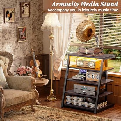 Armocity 5-Tier AV Media Stand with Power Strips, Media Console with LED Lights, Audio Tower Rack with Adjustable Shelves, Stereo Stands and Racks, 40.8'', Black Ebony - color: Black Ebony, size: 40" (H)