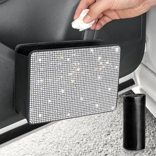 Accmor Bling Car Trash Can, Foldable Vehicle Trash Bin Dustbin Garbage Organizer Storage, Sparkling Crystal Rhinestone Trash Bags Holder Container with 30pcs Garbage Bag Car Accessories for Auto, SUV - color: Black/White