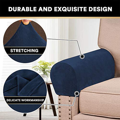 PrinceDeco 4 Pack Thick Velvet Stretch Armrest Covers for Chairs, Sofas & Armchairs - Non Slip, Navy - color: Navy