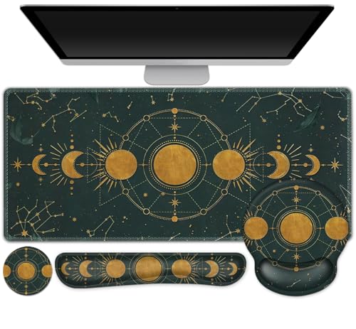 Large Desk Mat, Gaming Mouse Pad, Desk Pad Protector, XXL Mousepad + Keyboard Wrist Rest+Mouse Wrist Rest+Coaster Ergonomic Desk Pad for Home Office Decor, Dark Green Gold Moon Phases Constellation - color: Gold Moon Phases
