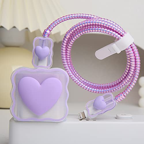 Compatible with iPhone 18W/20W USB-C Charger Cover Lovely 3D Love Heart Waves Clear Soft Charger Protector Cute Cable Saver for iPhone 11 12 13 14 Pro Max Fast Power Adapter, Purple 1 (5in1) - color: Purple 1 (5 in 1)