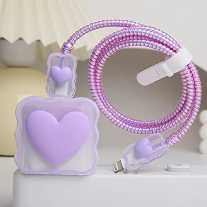 Compatible with iPhone 18W/20W USB-C Charger Cover Lovely 3D Love Heart Waves Clear Soft Charger Protector Cute Cable Saver for iPhone 11 12 13 14 Pro Max Fast Power Adapter, Purple 1 (5in1) - color: Purple 1 (5 in 1)