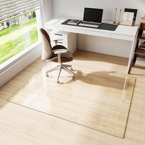 Glass Chair Mat 51" x 63" Heavy Duty Tempered Glass Office Chair Mat, Glass Floor Mat with Round Corner and Polished Edge for Smooth Glide, Office Chair Mat for Carpet, Hardwood Floor - color: Transparent, size: 63" x 51"