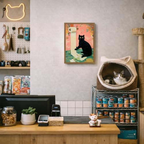 LERVR Wood Framed Funny Bathroom Wall Art, Cute Black Cat Toilet Paper Wall Decor, Whimsical Animal Bathroom Canvas Painting, Humorous Cat Aesthetic Picture for Restroom Washroom 12x16 Inch - color: Cat, size: 16"L x 12"W