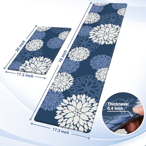 Kitchen Mats, 2PCS Non-Slip Cushioned Rugs, Anti-Fatigue Waterproof Floor Rug, Washable Standing Desk Mat, Home Laundry Office Apartment Decor and Accessories (17.3" ×70" +17.3" ×30"-Blue) - size: 17.3"W×70"L+17.3"W×30"L-0.4"Th