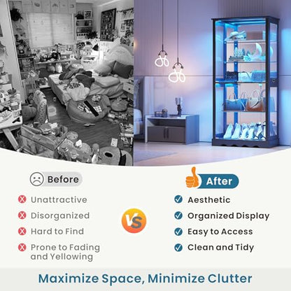 Dystler Display Cabinet with RGB LED Lights & Glass Doors, 5-Tier, Black | Human Sensor Lighting, Flexible Storage with Adjustable Shelves, Modern Design Curio Cabinet - color: Pure Black