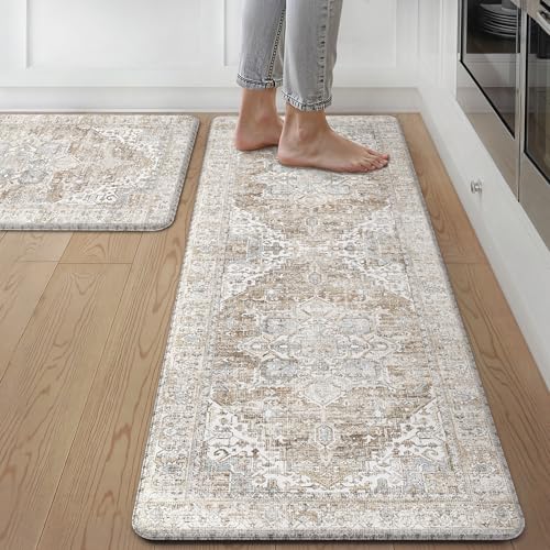 GENIMO Kitchen Mats for Floor, 2PCS Kitchen Rugs Non Slip Washable, Waterproof Anti Fatigue Mat, Comfort Standing Runner Rug for Sink, Office, Laundry, Home, 17.3"x47"+17.3"x30", Blue&Brown - color: Blue&brown, size: 17.3"x47"+17.3"x30"--0.4 inches