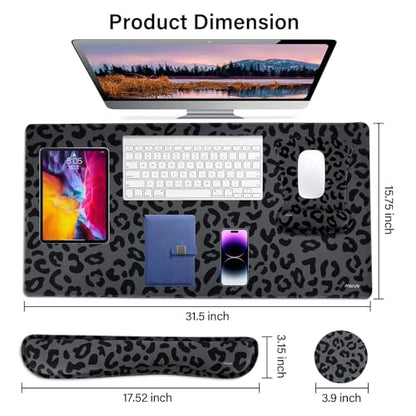 MOSISO Wrist Rest Support for Mouse Pad&Keyboard Set, Ergonomic Large Leopard Grain Desk Mat&Coaster Set, Non-Slip Mousepad&Pain Relief&Easy Typing Cushion with Memory Foam for Home Office, Black