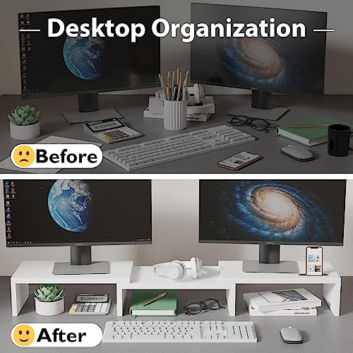 BONTEC Dual Monitor Stand Riser, Adjustable Length & Swivel Angle, Ergonomic Wooden Desktop Organizer with Smartphone Holder, Computer Monitor Stand for PC Monitor, Laptop, Printer, Large Storage - color: White