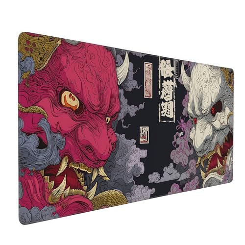 Gaming Mouse Pad, XXL Non-Slip Rubber Base, Waterproof with Stitched Edges, Japanese Demon Mask Design, 35.4 x 15.7 inches - color: Japanese Demon Mask