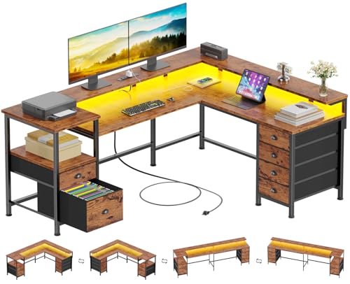 Furologee 66" Reversible L Shaped Gaming Desk with 6 Drawers & Printer Storage Shelves, Corner Computer Desk with Power Outlets & LED Lights, Home Office Table with Monitor Stand, Rustic Brown - color: Rustic Brown