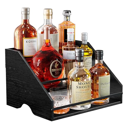 Nuovoware Liquor Bottle Display Shelf, 3 Step Countertop Liquor Wine Rack, Home Retro Shelf Stand for Mini Bar, Cabinet, Bar Essentials for Whiskey, Spirits, Coal Black - color: Coal Black, size: 3 Tier