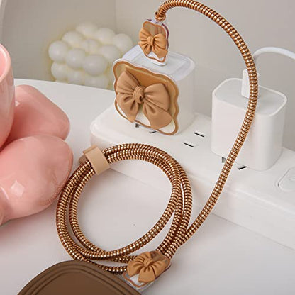 Compatible with iPhone 18W/20W USB-C Charger Cover Cute 3D Bow Tie Design Clear Soft Charger Protector Kawaii Cable Saver for iPhone 11 12 13 14 Pro Max Fast Power Adapter, Brown 2 (5in1) - color: Brown 2 (5 in 1)