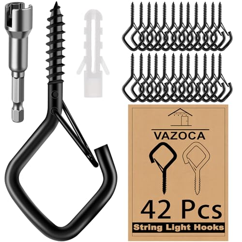 42 Pcs Screw Hooks for Outdoor String Lights, Patio Wall Ceilling Eye Hook | Square Q-Hanger Hook with Safety Buckle for Hanging Cup Plant Pots Christmas Decor Wire Fairy Led, Wind Nut Driver, Black