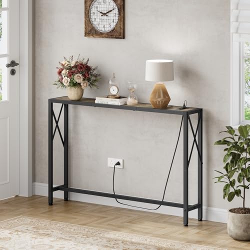 Gewudraw 41.7" Console Table, Narrow Behind The Couch Table with Outlet, Industrial Skinny Sofa Table for Hallway, Entryway, Living Room,Walnut - color: Light Grapefruit, size: 41.7W