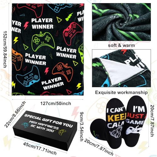 Ziliny 6 Pcs Gamer Gifts Sets for Boys Gaming Throw Blanket Tumblers Funny Pillow Covers Socks Keychain and Gifts Box for Boys Men Teen Gamer Lover