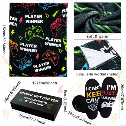 Ziliny 6 Pcs Gamer Gifts Sets for Boys Gaming Throw Blanket Tumblers Funny Pillow Covers Socks Keychain and Gifts Box for Boys Men Teen Gamer Lover