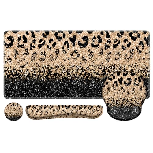 iLeadon Mouse Pad Set, Desk Mat + Mouse Pad with Wrist Rest + Keyboard Wrist Rest + Coaster, 4in1 Leopard Mouse and Keyboard Pad Set for Home Office, Black Gold Leopard - color: Black Gold Leopard