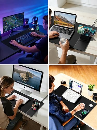 Mouse Pad with Magnetic Wireless Charger & Adjustable Phone Stand, 31.5"x15.8" Extended Desk Mat, Waterproof Ultra-Smooth Keyboard Pad, Non-Slip Base, Black - color: Black-31.5"x15.8"-Magnetic Stand-Right