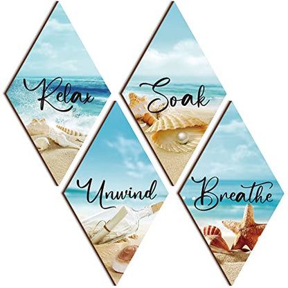 FairySandy 4 Pcs Boho Bathroom Wall Decor 11.8 x 6.69 Inch Bohemian Restroom Wall Art Bathroom Rustic Decoration Farmhouse Minimalist Relax Soak Unwind Breathe Sign for Bedroom Living Room Restroom - style: Sea