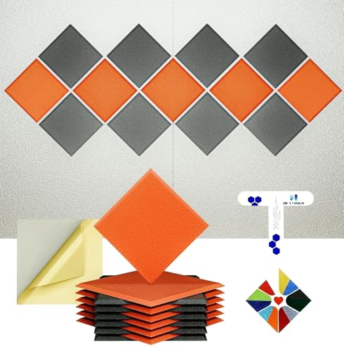 12 Pack Self-Adhesive Acoustic Panels [390 lbs/yd³ Ultra-High Density], 2nd Generation Sound Absorbing Panel, Professional Level Sound Panel, Polyester Soundproof Foam [Square, Orange & MoonGrey] - color: Orange & Moon Grey, size: Square (12''x12''x0.4'')