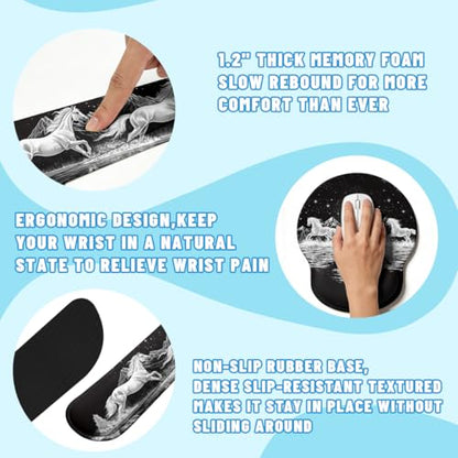 Wild Horses Desk Mat Set Black White Moon Mountain Mouse Pad with Wrist Rest 4in1 Desk Mat for Desktop Ergonomic Computer Desk Arm Wrist Anti-Slip Computer Ergonomic Mouse Pad Home Office Gaming - color: Wild Horses