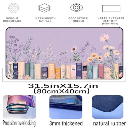Purple Book Desk Pad Mat XXL, Lavender Flower Large Mousepad, Game Desk Mat, Extended Laptop Keyboard Mats, Cute Desktop Protection Pad, Women's Home Office Desk Decoration 31.5"X15.7" - color: Purple Lavender