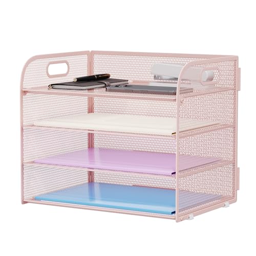 Marbrasse 4 Tier Paper Organizer Letter Tray - Mesh Desk File Organizer with Handle, Paper Sorter Organizer for Letter/A4 Office File Folder Holder (Pink, 12.6" x 9.1" x 10.7") - color: Pink