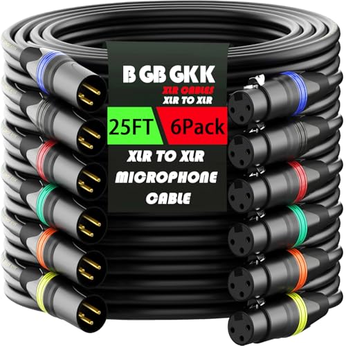 XLR Cables 25ft 6 Pack, Professional XLR Microphone Cable Male to Female, Gold-Plated 3-pin X LR Speaker Cables Balanced Mic Cord, Multicolor - color: Multicolor, size: 25FT