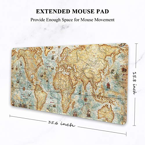 Auhoahsil Large Gaming Mouse Pad, Vintage Map Theme XXL 35.4 x 15.7 in Desk Pad Stitched Non-Slip Rubber Long Computer Mousepad Thin Extended Full Size Desk Mat for Desktop, Laptop, Wireless Mice - color: 18 Vintage World Map, size: 35.5L x 15.7W inches