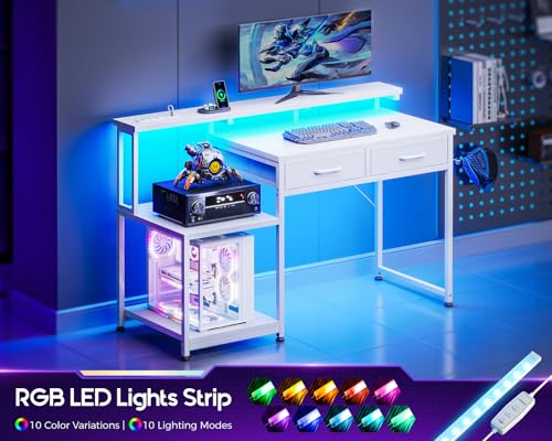 ODK Gaming Desk with Led Lights & Power Outlet, 48 Inch Computer Desk with Drawers, Office Desk with Large Display Storage Shelves, Reversible Desk with Monitor Stand for Home, Carbon Fiber White