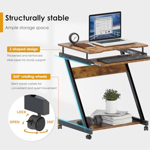 sogesfurniture Retro Computer Desk, Small Mobile Workstation with Keyboard Tray, Printer Shelf & Storage, 23.6x18.9x28.7 inches, Engineered Wood, for Home and Office - color: Retro