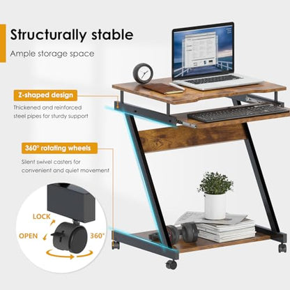 sogesfurniture Retro Computer Desk, Small Mobile Workstation with Keyboard Tray, Printer Shelf & Storage, 23.6x18.9x28.7 inches, Engineered Wood, for Home and Office - color: Retro