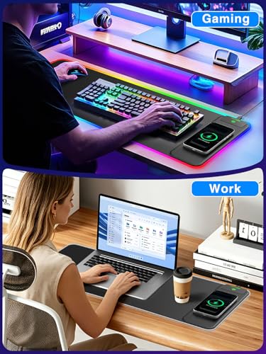 RGB Gaming Mouse Pad with 15W Magnetic Wireless Charger, 31.5'' x 11.8'' Large LED Desk Mat, 24 Lighting Effects Keyboard Pad with Non-Slip Rubber Base, Waterproof Ultra-Smooth Surface - color: RGB-31.5"x11.8"-Magnetic Charging