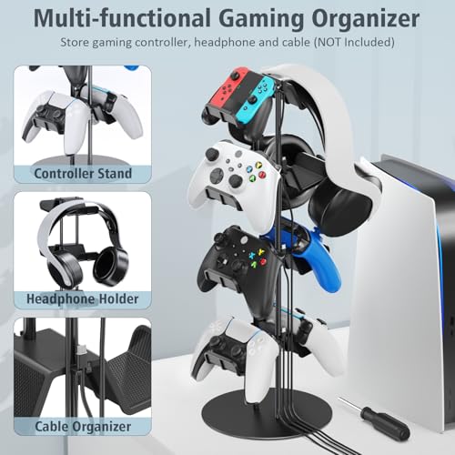 Kytok Controller Stand 4 Tiers with Cable Organizer for Desk, Universal Headphone Stand Compatible with Xbox PS5 PS4 Console Nintendo Switch, Headset Holder & Desk Mounts for 8 Packs Controller - size: 4 tiers+black