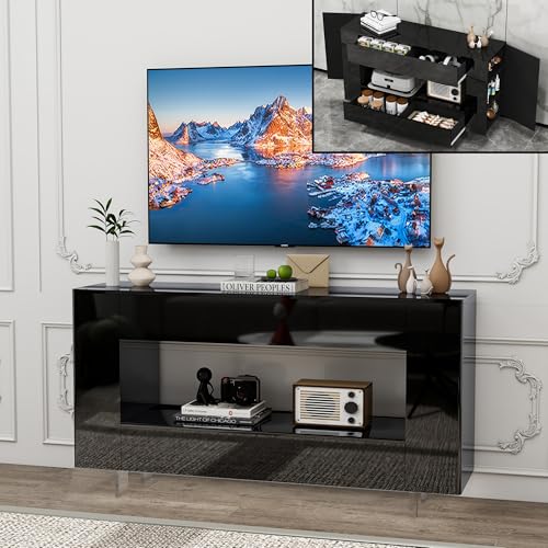 TV Stand Cabinet Up to 65 inch with Conceals Storage, High Gloss, White | TV cabinet with 2 Push-Open doors and 2 drawers, entertainment center, storage cabinet, modern style, living room, office - color: High Gloss Black, size: 47.24"W*13.78"D*27.56"H